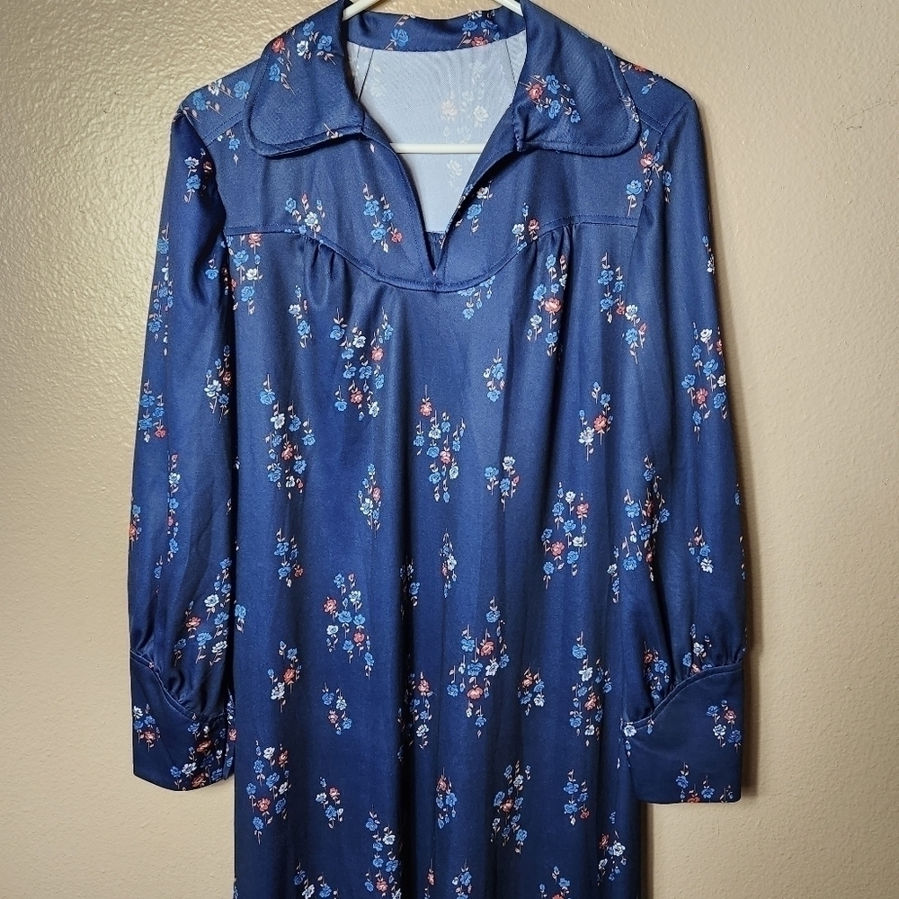 Vintage 70s Elongated Peter Pan Collar Navy Floral Long Sleeve Maxi Boho Dress-S - Picture 2 of 11